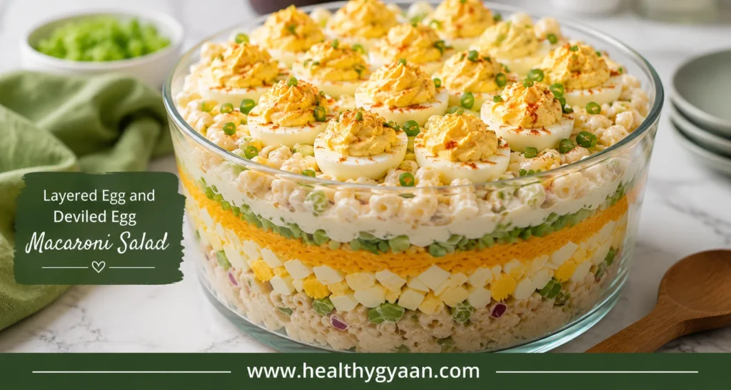 Layered egg and deviled egg macaroni salad